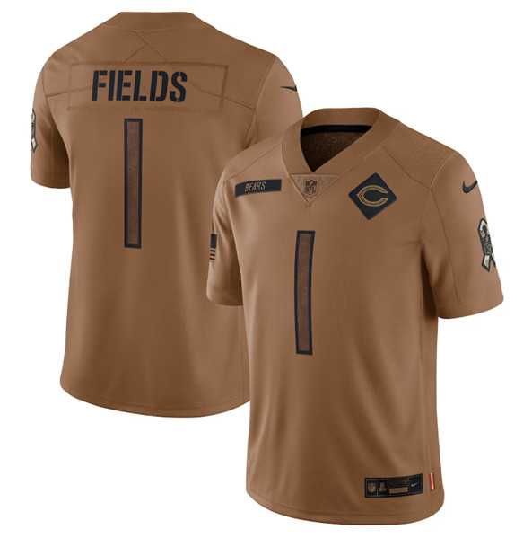 Men%27s Chicago Bears #1 Justin Fields 2023 Brown Salute To Service Limited Football Stitched Jersey Dyin